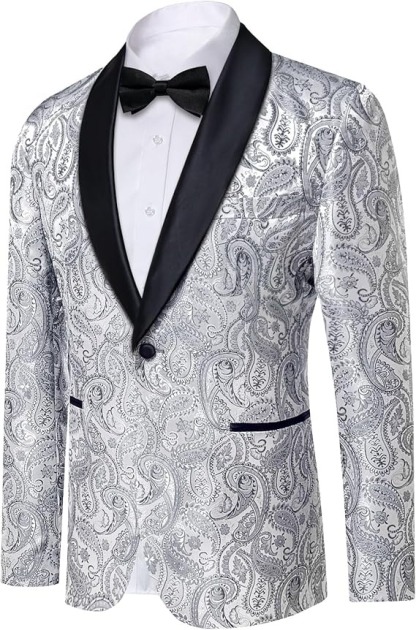 Men's Blazer One Button Shawl Lapel Tuxedo,Silver Grey Paisley