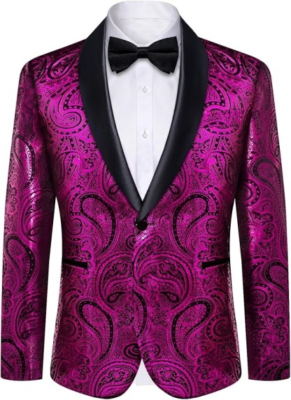 Men's Blazer One Button Shawl Lapel Tuxedo,Purple and Black Paisley