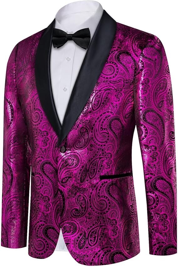 Men's Blazer One Button Shawl Lapel Tuxedo,Purple and Black Paisley