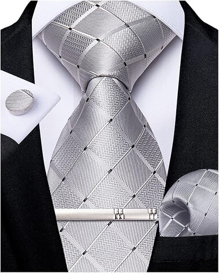 Men's Solid Color Tie and Pocket Square Set,Silver Grey Paisley