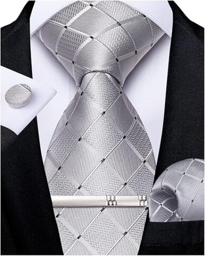 Men's Solid Color Tie and Pocket Square Set,Silver Grey Paisley