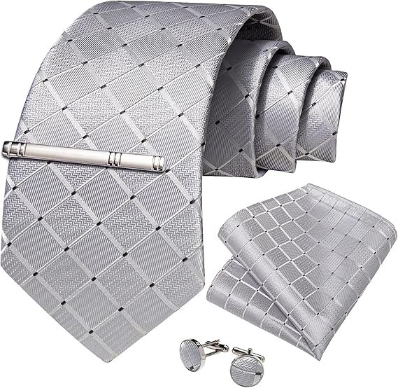 Men's Solid Color Tie and Pocket Square Set,Silver Grey Paisley