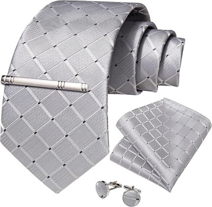 Men's Solid Color Tie and Pocket Square Set,Silver Grey Paisley