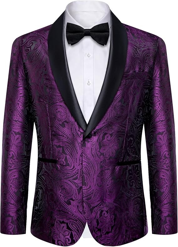 [Copy]Men's Blazer One Button Shawl Lapel Tuxedo,Purple and Black Paisley