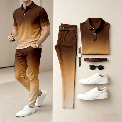 Men's  Ombré Color Short-Sleeve Polo Shirt and Pants Two-Piece Set