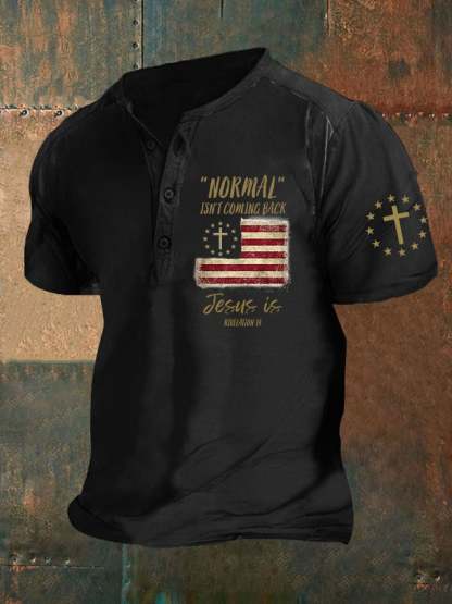 Men's Normal Isn't Coming Back Jesus Is Revelation 14 American Flag Cross Print Polo Shirt