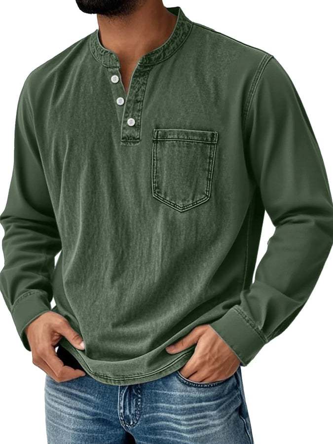 Men's Vintage Basic Washed Distressed Long Sleeve Henley Shirt