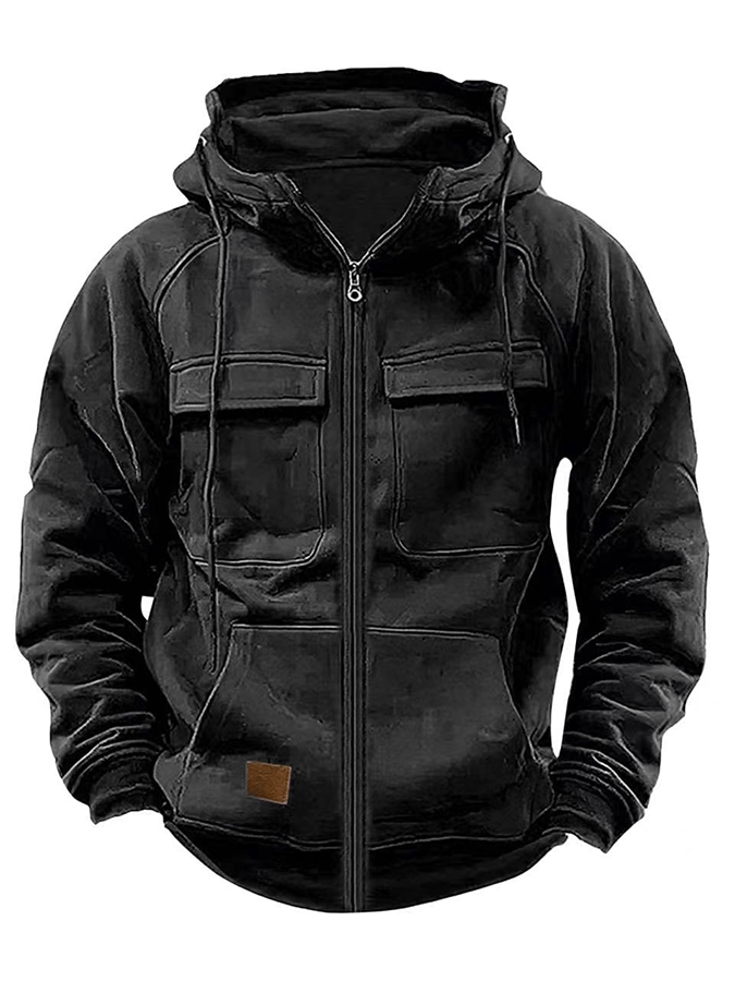 Men's Vintage Double Pocket Solid Color Comfort Zip Cardigan Jacket