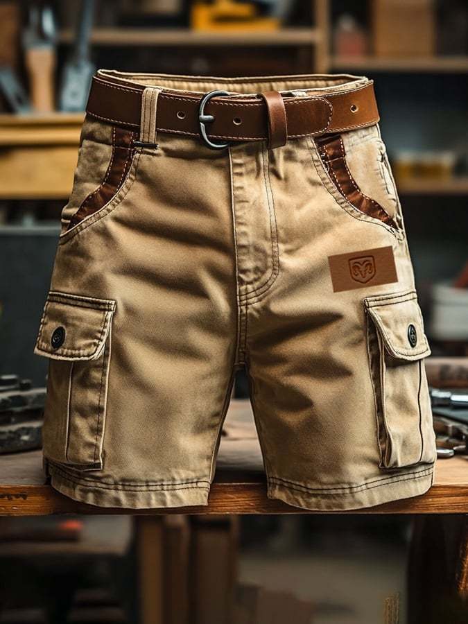 Men's Vintage Outdoor Pocket Functional Leather Stitching Cargo Shorts