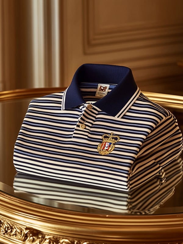 Men's Retro Business Stripe Print Long Sleeve Polo Shirt