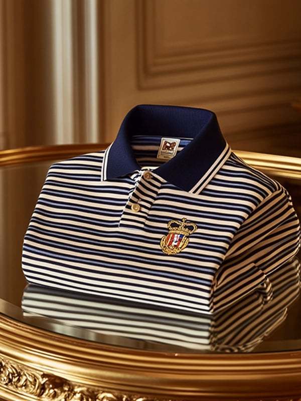 Men's Retro Business Stripe Print Long Sleeve Polo Shirt