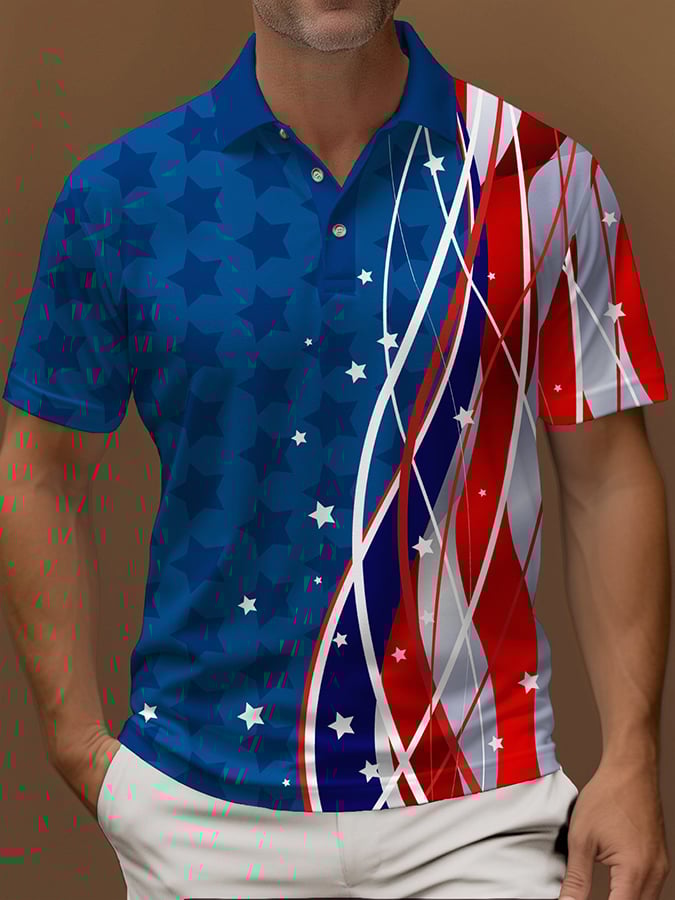 Men'S American Flag Print Short Sleeve Casual Polo Shirt