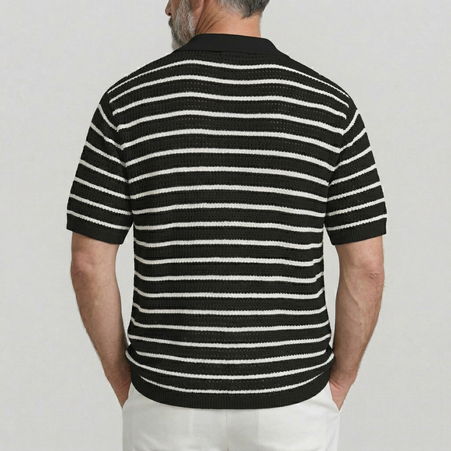 Men's Casual Green Striped Pattern Single Breasted Hollow Out Knit Short Sleeve Shirt