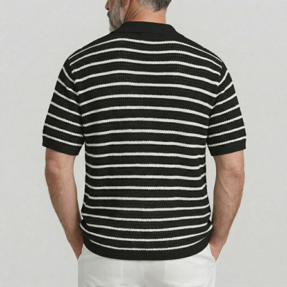 Men's Casual Green Striped Pattern Single Breasted Hollow Out Knit Short Sleeve Shirt