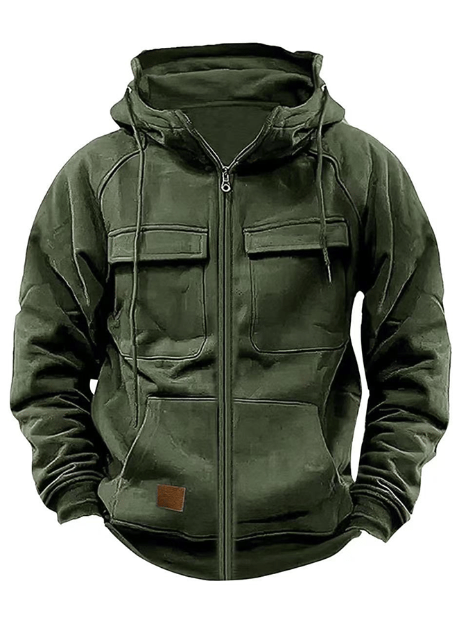 Men's Vintage Double Pocket Solid Color Comfort Zip Cardigan Jacket