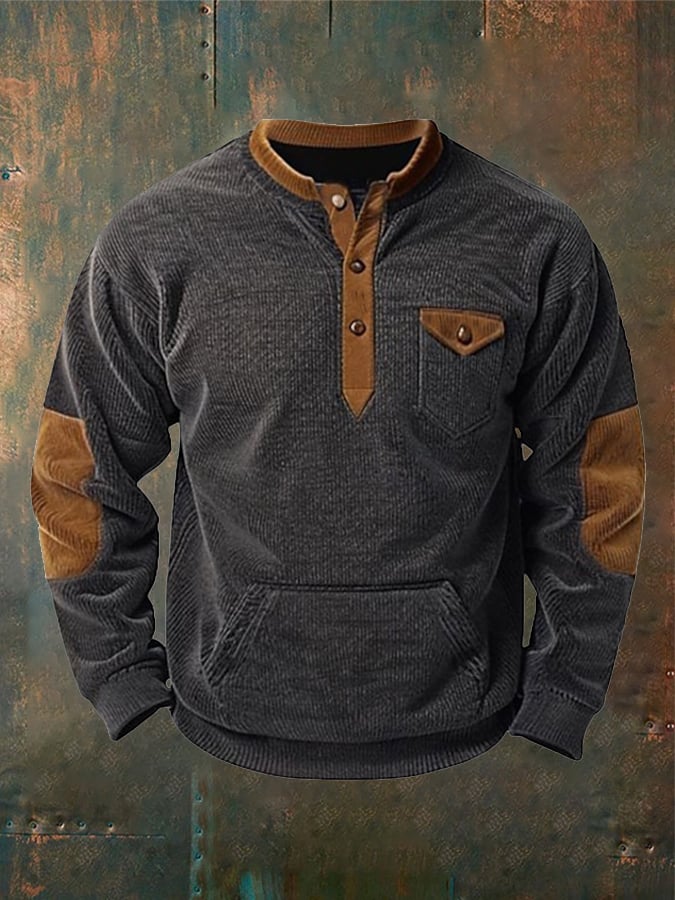 Men's Retro Contrast Color Corduroy Button Design Pocket Casual Sweatshirt