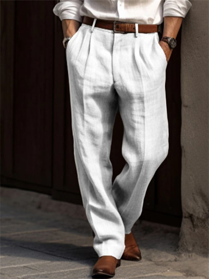 Men's Casual Solid Color Cotton And Linen Resort Straight Trousers