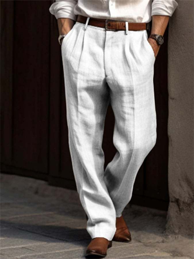 Men's Casual Solid Color Cotton And Linen Resort Straight Trousers