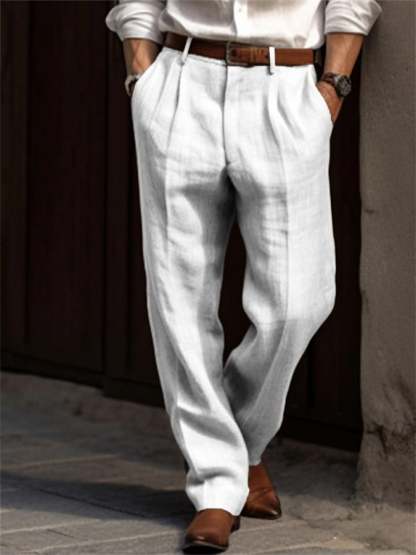 Men's Casual Solid Color Cotton And Linen Resort Straight Trousers