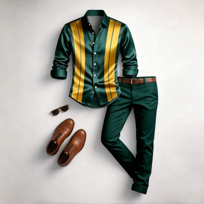 Men's Casual Dark Green & Yellow Color Matching Geometric Printed Long Sleeved Shirt & Trousers Two-Piece Set