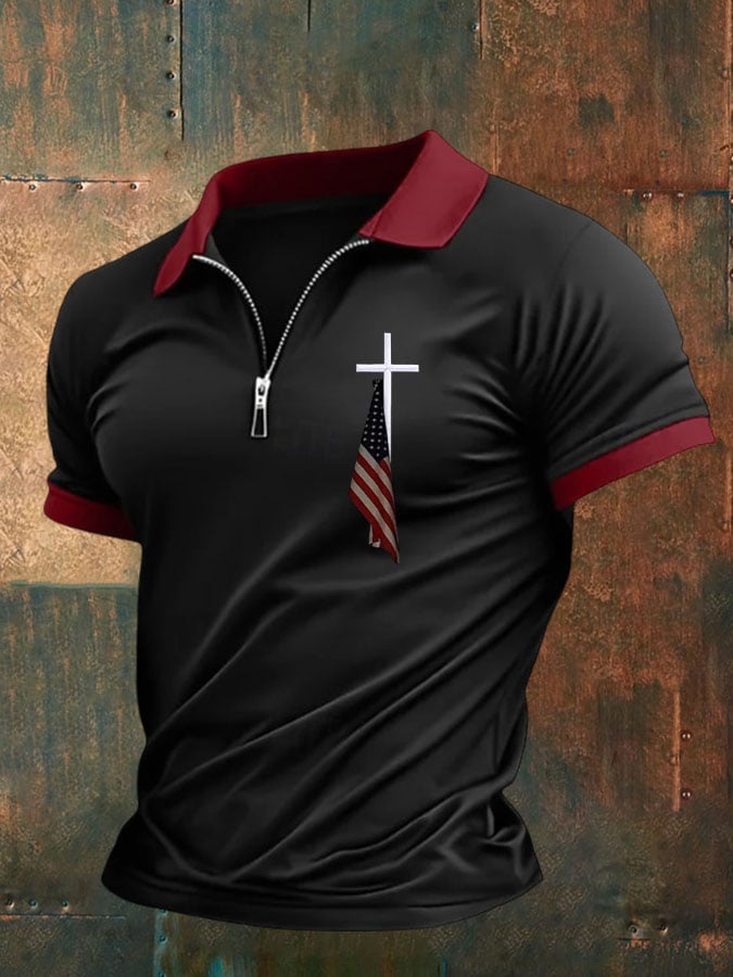 Men'S Flag Cross Print Polo Shirt