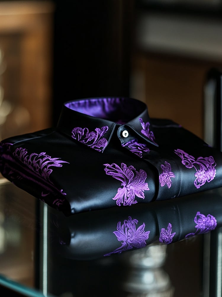 Men's Business Casual Purple Floral Lapel Short Sleeve Shirt