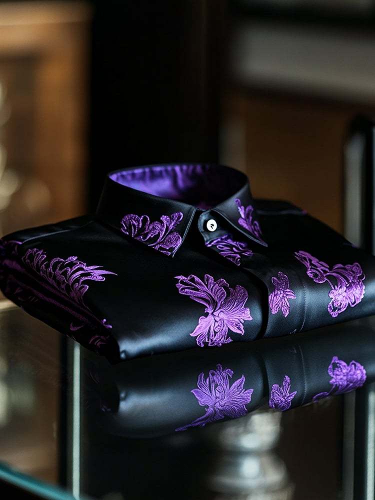 Men's Business Casual Purple Floral Lapel Short Sleeve Shirt