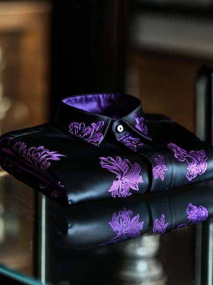 Men's Business Casual Purple Floral Lapel Short Sleeve Shirt