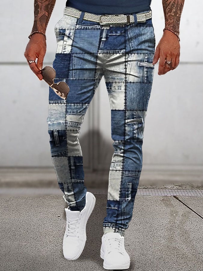 Men's Patchwork Pattern Plaid Geometry Business  Printed Pant