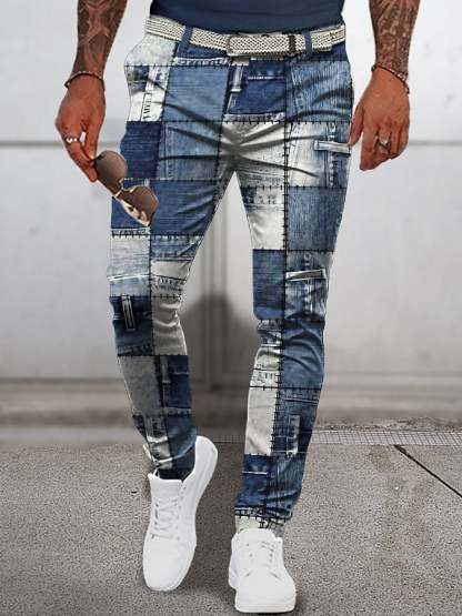 Men's Patchwork Pattern Plaid Geometry Business  Printed Pant