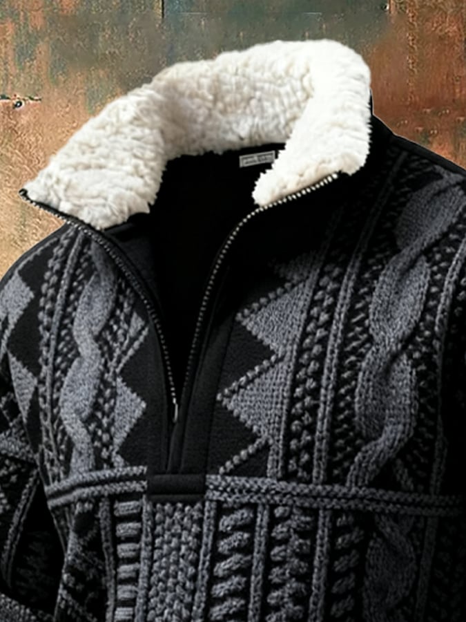 Men's Retro Color Block Print Casual Fur Collar Sweatshirt