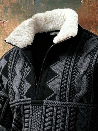 Men's Retro Color Block Print Casual Fur Collar Sweatshirt