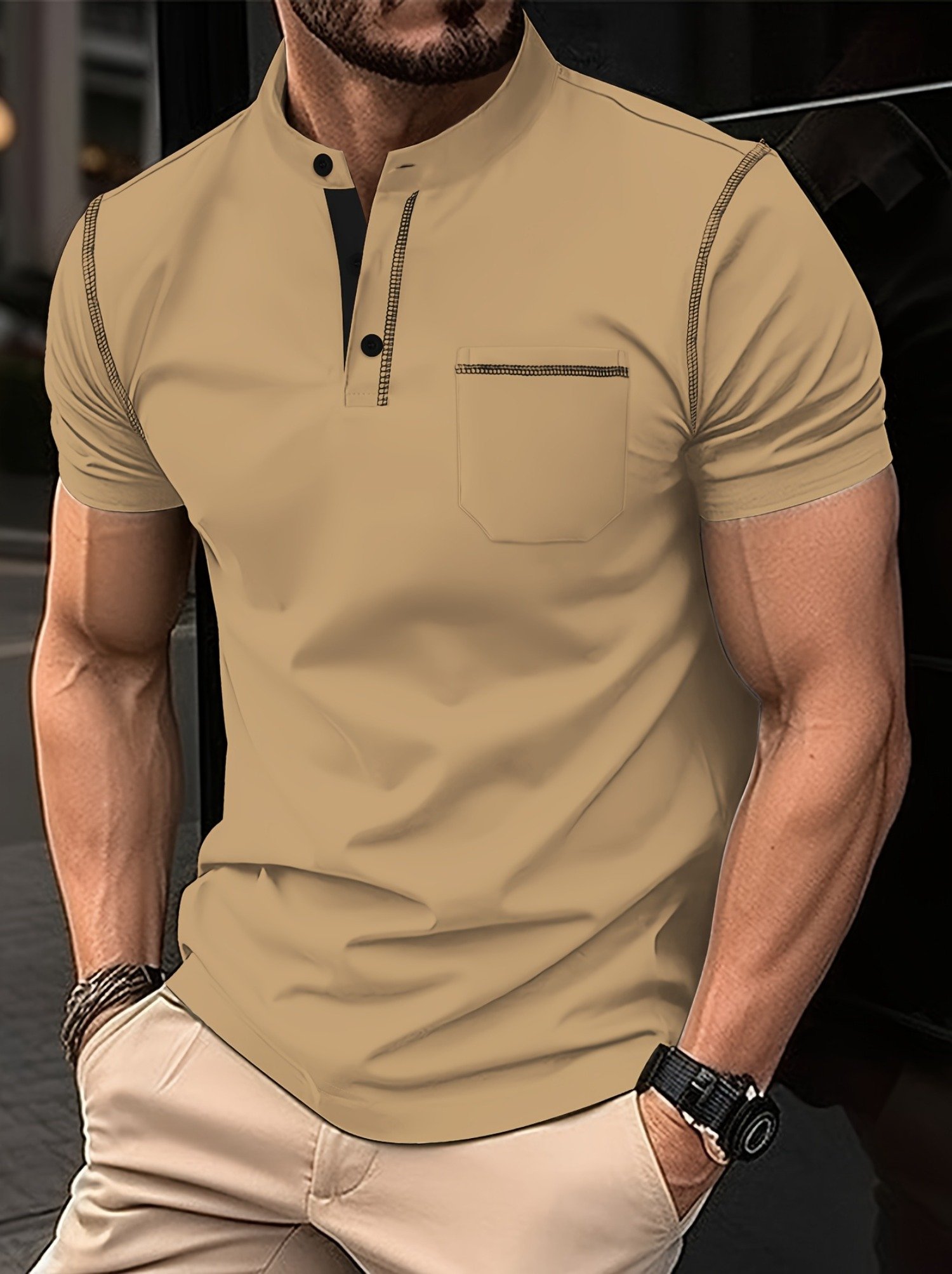 Men's Business Casual Striped Logo Button Short Sleeve Polo Shirt