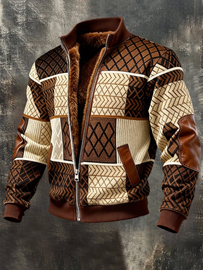 Men'S Vintage-Style Color-Block Patchwork Warm Outdoor Jacket Coat