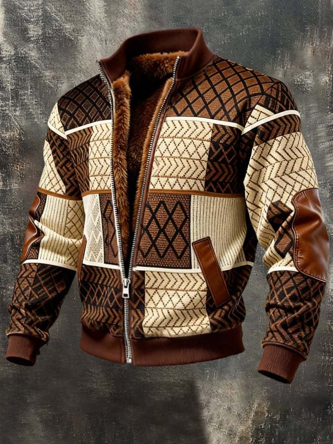 Men'S Vintage-Style Color-Block Patchwork Warm Outdoor Jacket Coat