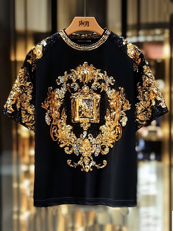 Men's Business European Pattern Sequin Print Short Sleeve T-shirt