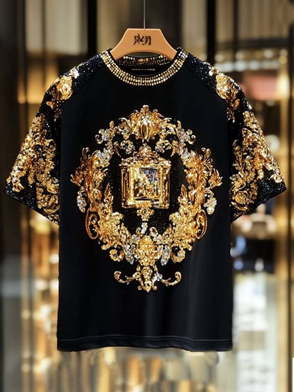 Men's Business European Pattern Sequin Print Short Sleeve T-shirt