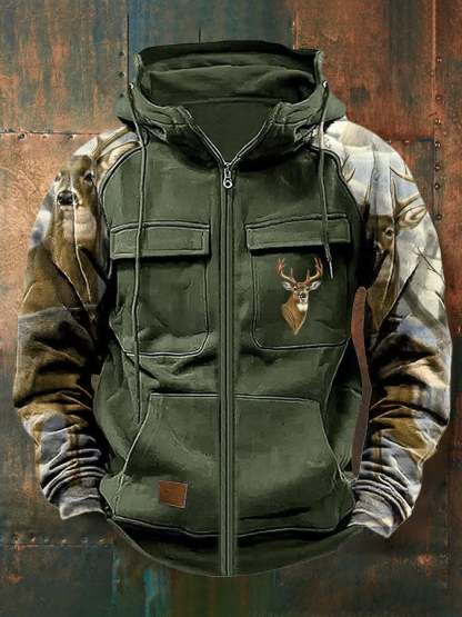 Men's Vintage Western Deer Print Multi-Pocket Jacket