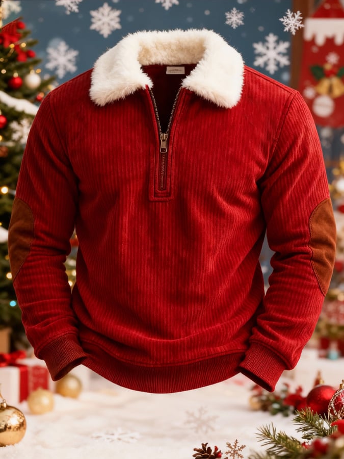 Men's Corduroy Plush Color-Blocked Christmas Hooded Sweatshirt