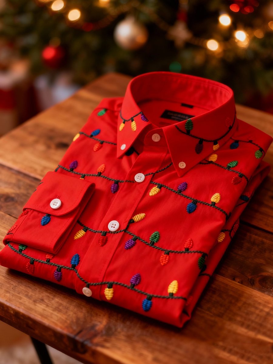 Men's Business Retro Christmas Colored Lights Printed Long Sleeve Shirt