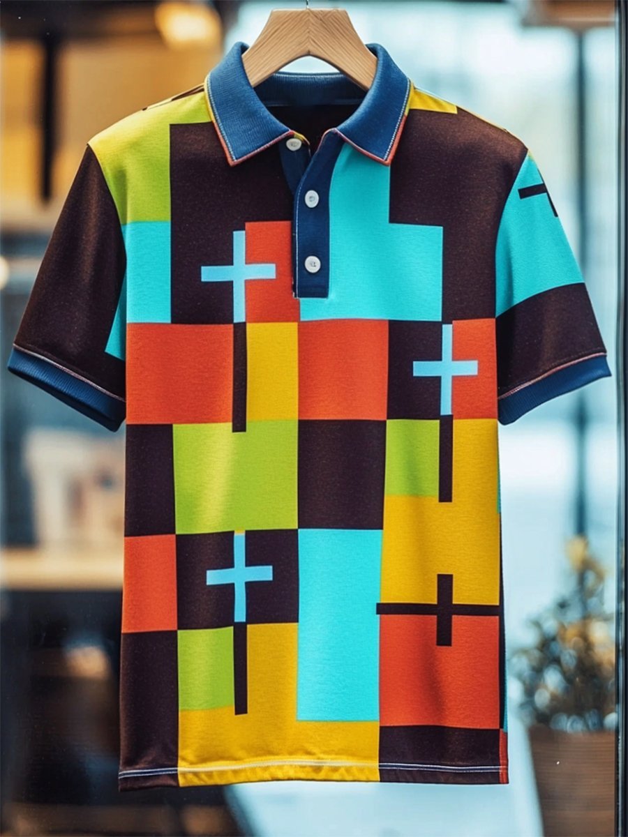 Men's Business Casual Cross Faith Button Short Sleeve Polo Shirt