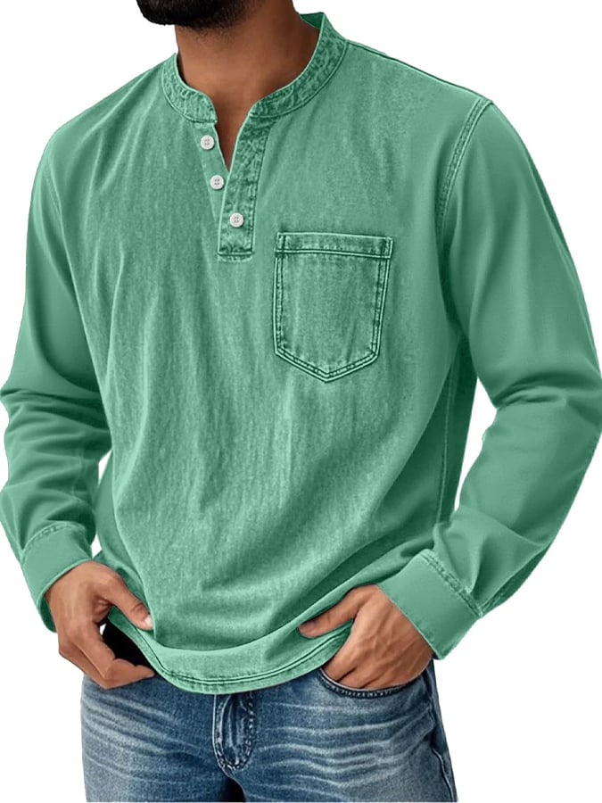 Men's Vintage Basic Washed Distressed Long Sleeve Henley Shirt
