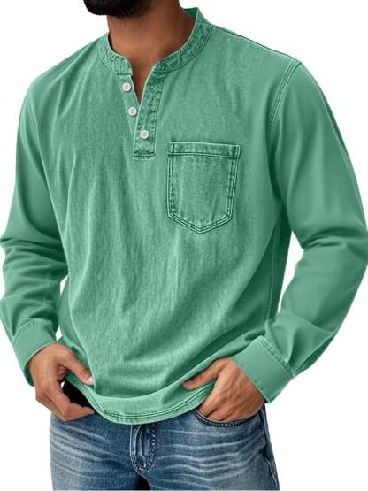 Men's Vintage Basic Washed Distressed Long Sleeve Henley Shirt