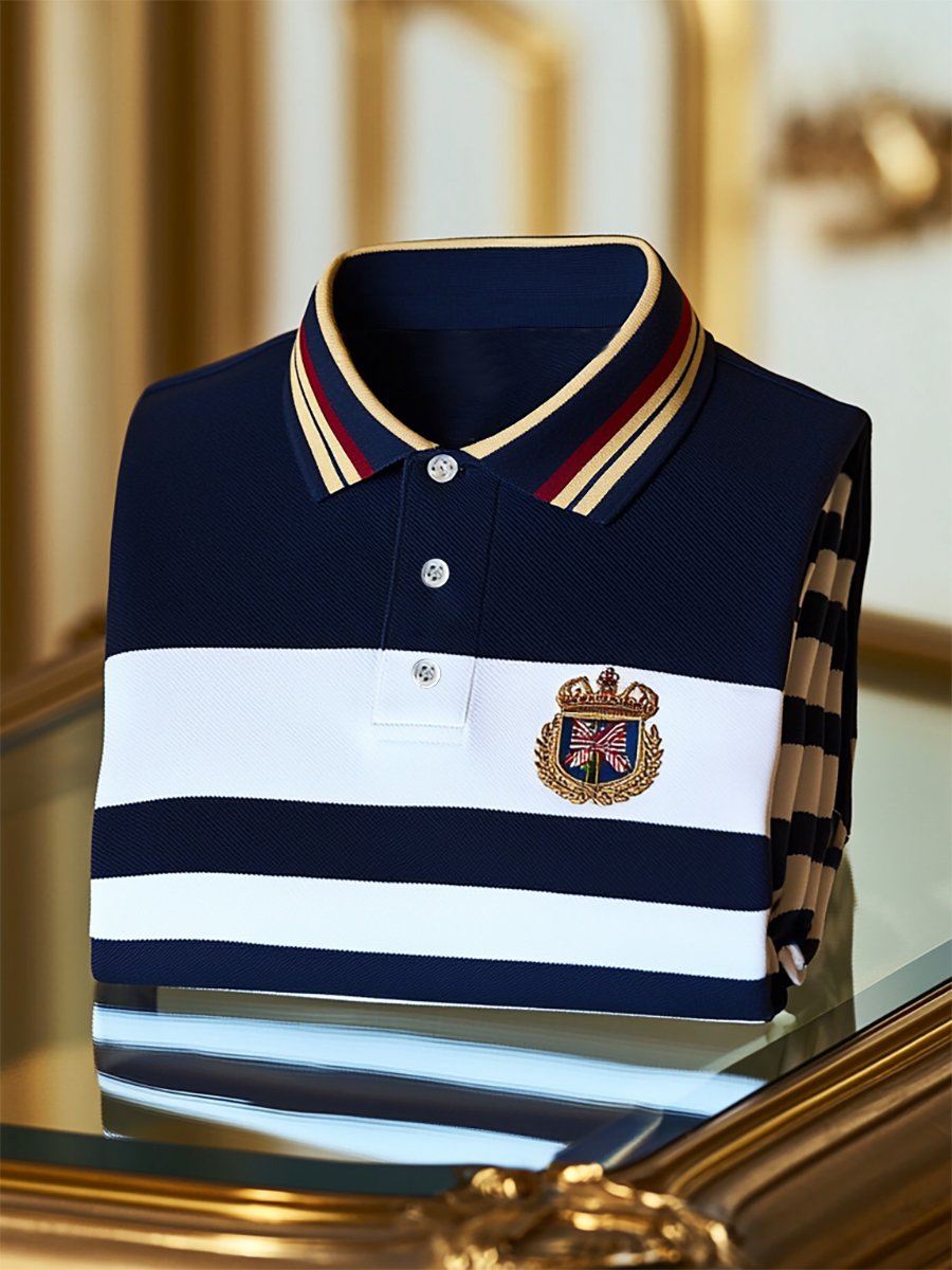 Men's Business Casual Striped Logo Button Short Sleeve Polo Shirt