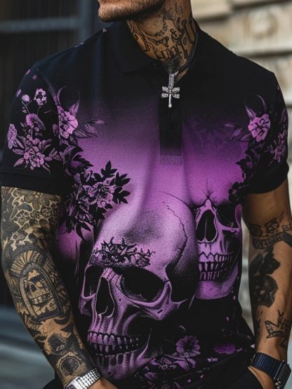 Men's Skull Gradient Art Print Casual POLO Shirt