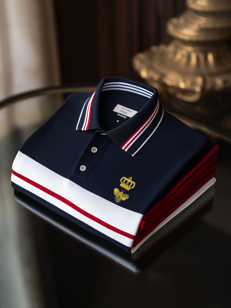 Men's Classic Business Check Logo Button Short Sleeve Polo Shirt