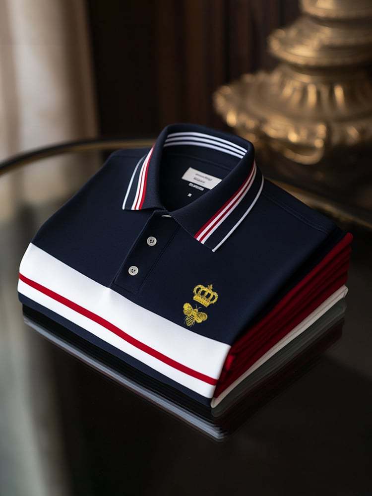 Men's Classic Business Check Logo Button Short Sleeve Polo Shirt