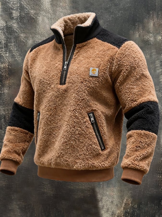 Men's Retro Knitted Square Check Leather Splicing Zipper Fur Collar Sweatshirt
