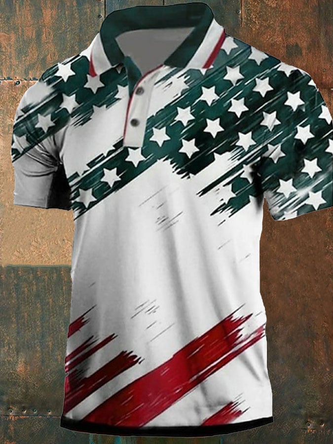 Men's Vintage American Flag Printed Casual POLO Shirt