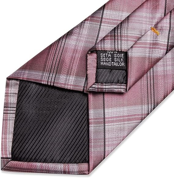 Men's Solid Color Tie and Pocket Square Set,Pink Plaid